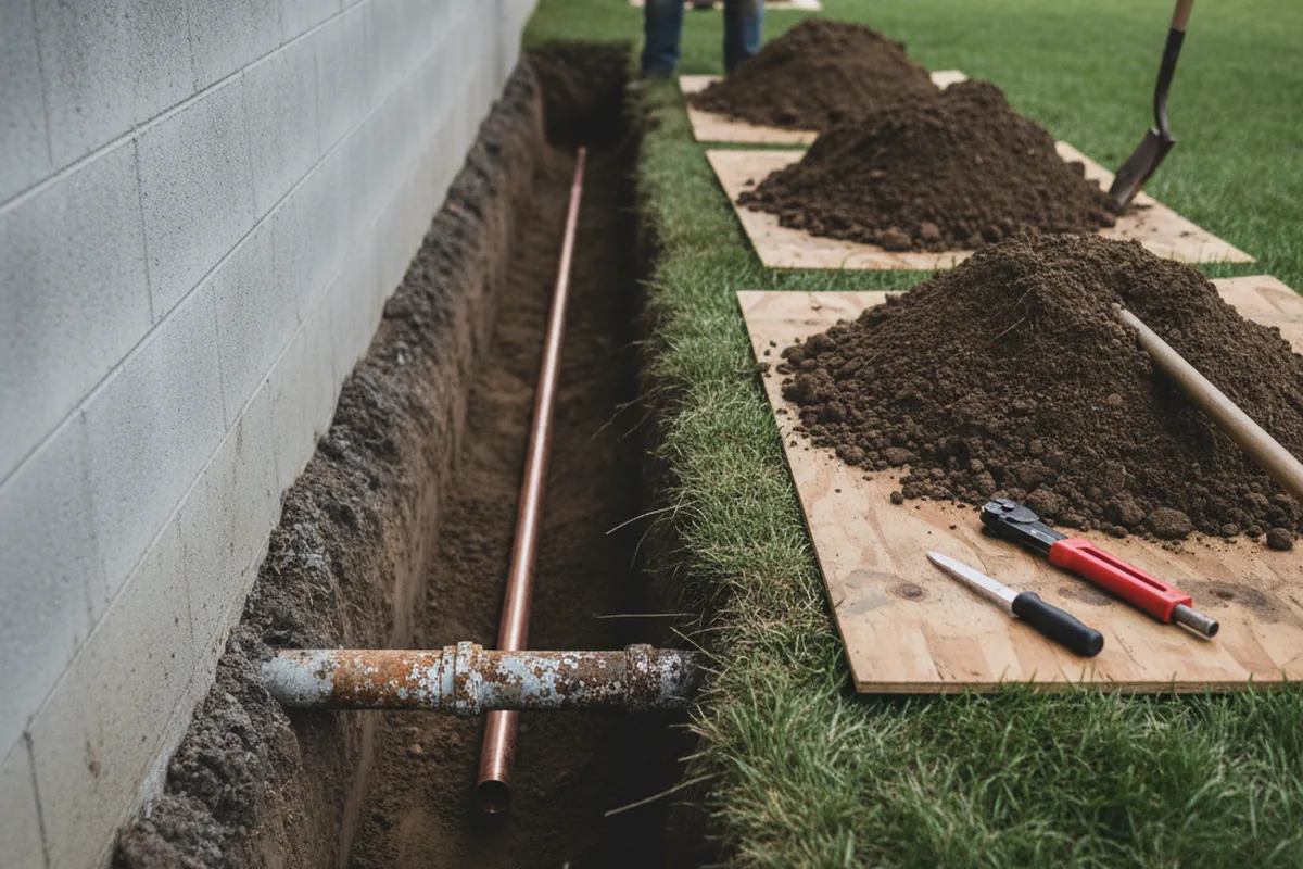 Excavated water line trench during Sewer Line Repair in Lewisburg